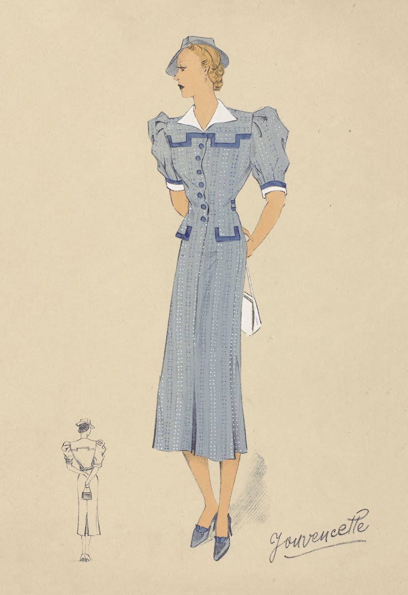 Woman in a blue dress with a white collar 1930