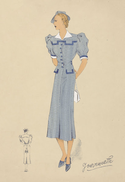 Woman in a blue dress with a white collar 1930