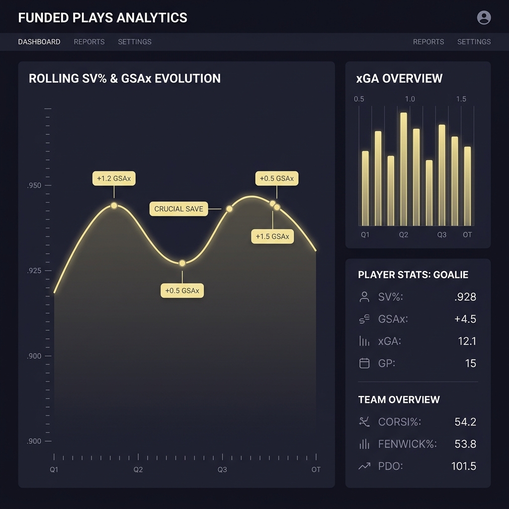 Minimalist hockey analytics dashboard mockup showing rolling SV% lines xGA bars and GSAx annotations on dark Funded Plays style background Using Save Percentage Without Overreacting