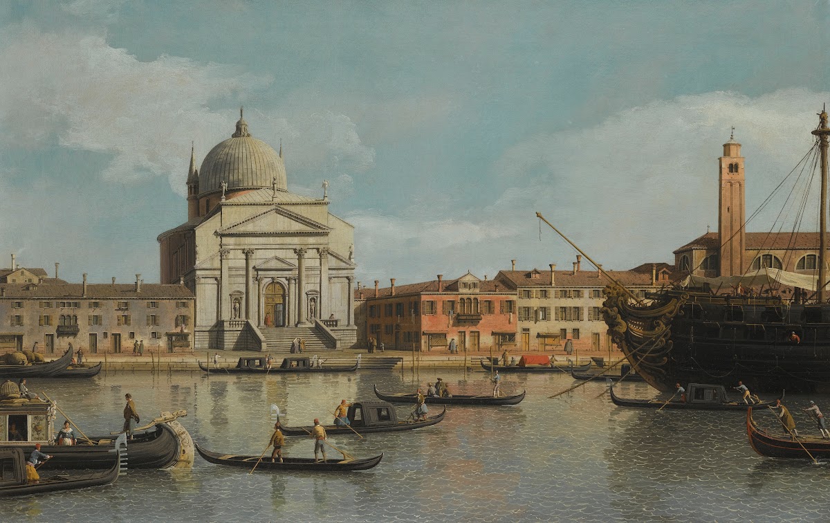 Venice A View Of The Churches Of The Redentore And San Giacomo With A Moored Man