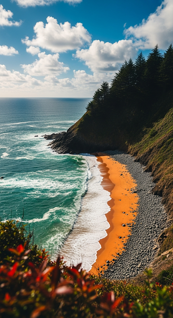 Dramatic High-Angle View of Secluded Coastal Cove with Orange Sand and Turquoise Water - Free mobile Wallpaper