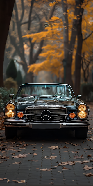 Classic Mercedes-Benz in Autumn Forest Path - Free mobile Wallpaper