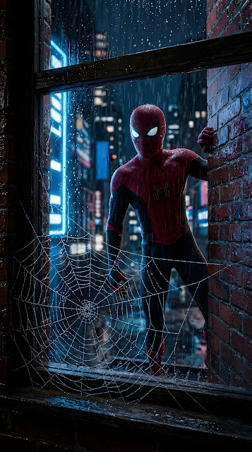 Photorealistic Spiderman Peeking Through a Rainy Window - Free mobile Wallpaper