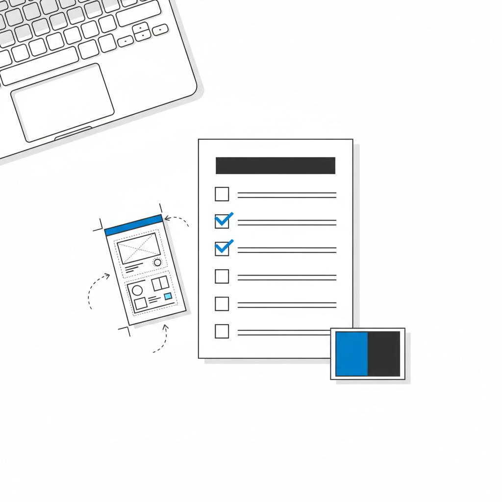 Minimal 2D vector flat-lay of web development tools: a laptop keyboard slice, a checklist with checkboxes and placeholder header, and a color swatch showing #1a5bfb and #39383f for ChatGPT website builder.