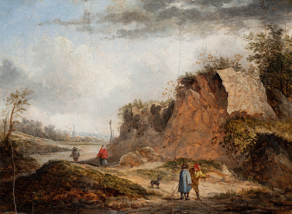 Rocky Landscape with Travelers on a Path and Two Figures Conversing in the Foreg