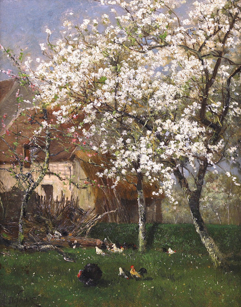 Printemps Poules Sous le Pommier en Fleurs