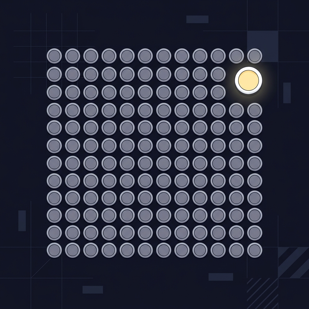 Minimal 2D vector of eighty muted circles and one highlighted circle on a dark Funded Plays background illustrating 80 to 1 odds in a clean minimalist composition