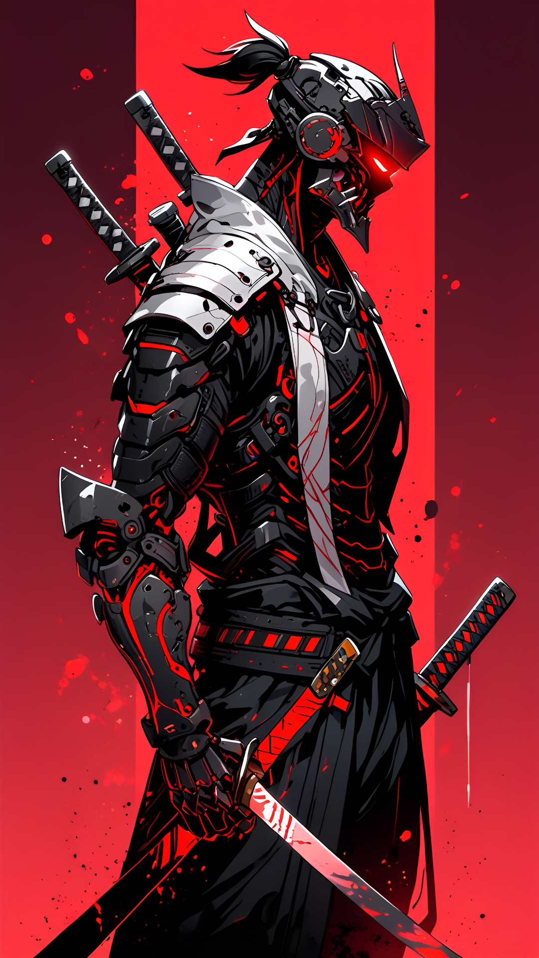 Cybernetic Samurai Warrior Illustration, Red Katana - Free 4K mobile Wallpaper