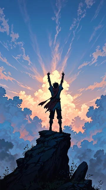 Hero Silhouette Triumphing on Cliff at Sunset