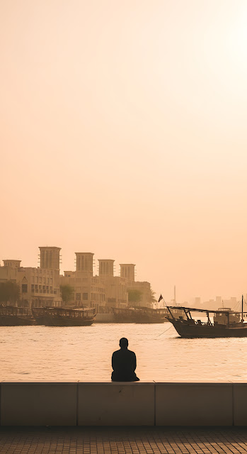 Hazy Golden Hour View of a Man Sitting by Dubai Creek and Historic Buildings - Free mobile Wallpaper