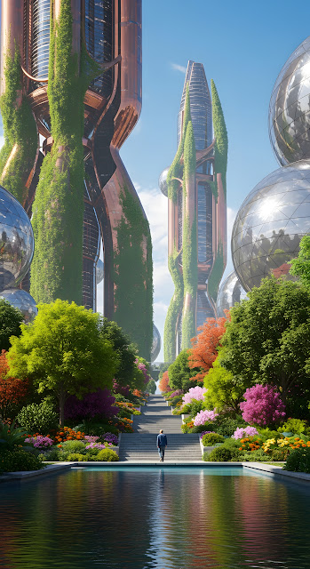 Lush Urban Park with Reflective Pool and Green Eco-Friendly Futuristic Skyscrapers - Free mobile Wallpaper