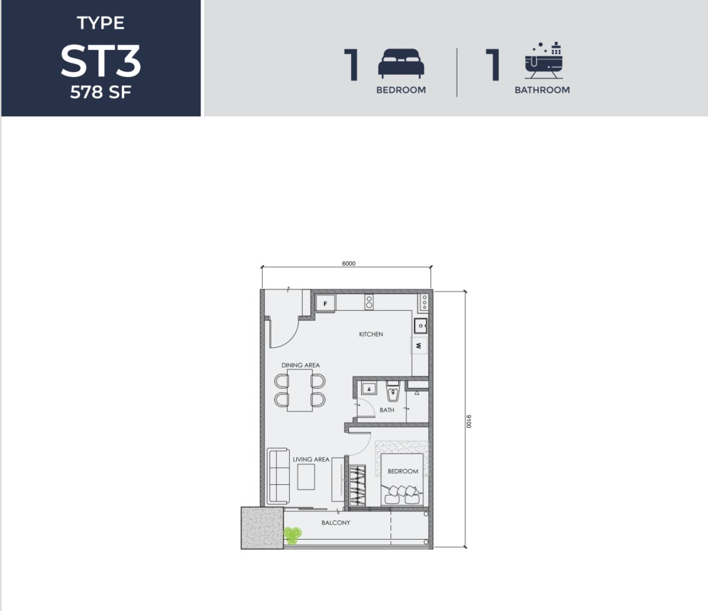 Centrix Type ST3 floor plan — 578 sq ft, 1 bedrooms