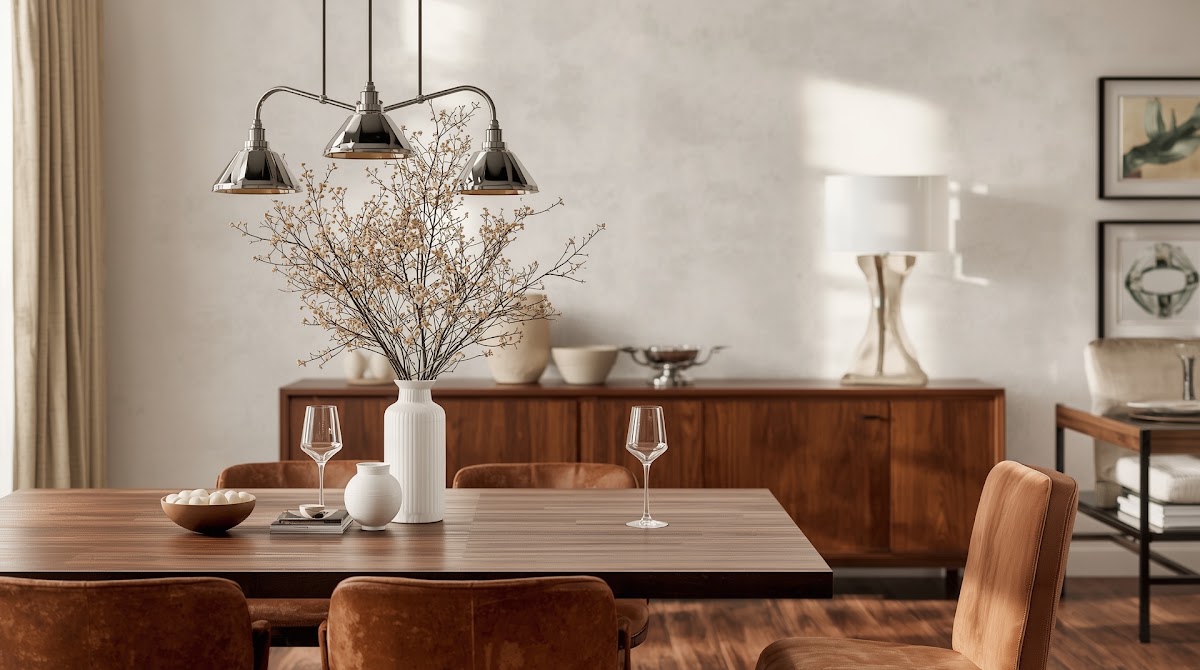 How to Pair Chrome Pendant Lights With a Warm Wood Dining Table - final inviting chrome and warm wood living room styling reveal
