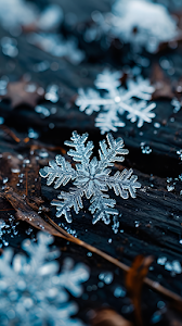 Delicate Snowflake Resting on Dark Wooden Surface