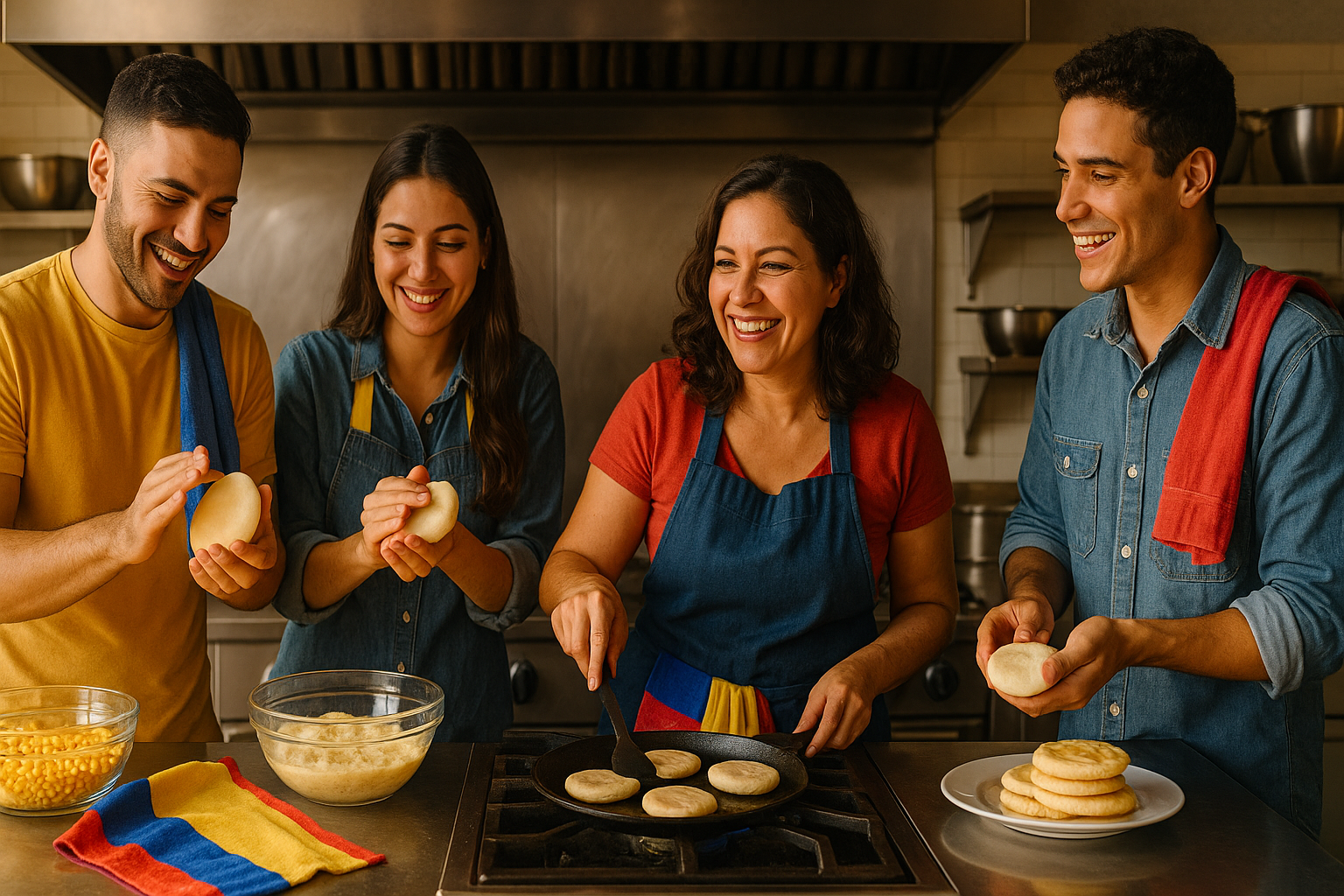 Manos venezolanas preparando arepas en una cocina compartida, sonrisas y unión