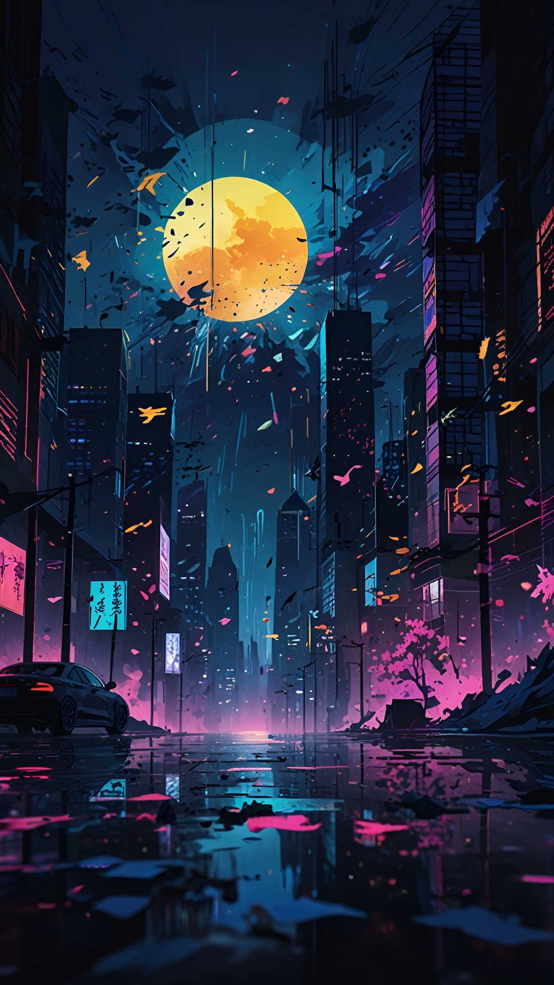 Neon Cyberpunk Cityscape Night Moon Illustration Art - Free 4K mobile Wallpaper