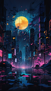 Neon Cyberpunk Cityscape Night Moon Illustration Art