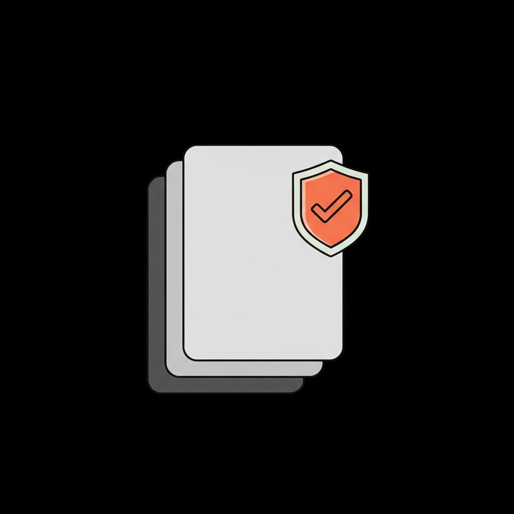 Minimal 2D vector infographic of stacked documents with a shield and gold checkmark accent on black background, flat Social Success Hub color palette