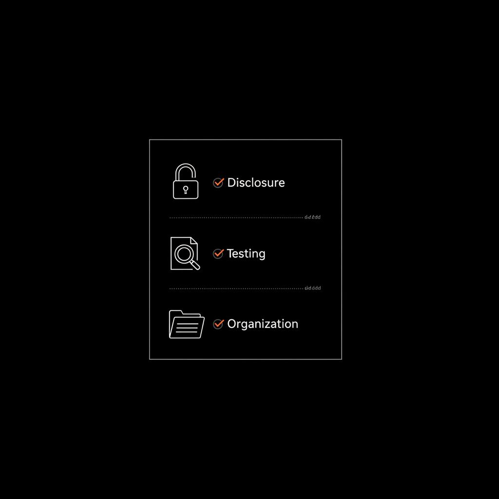 Minimal infographic checklist for multiple Wikipedia accounts best practices showing disclosure, testing, and organization icons on a black background