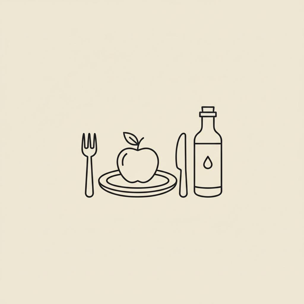 Minimal Tonum-style line illustration of a plate with fork, knife, small apple and a bottle with droplet symbol representing apple cider vinegar blood sugar