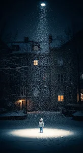 Small Child Playing in Falling Snow Under a Bright Street Lamp at Night