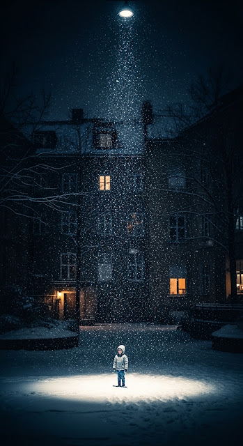 Small Child Playing in Falling Snow Under a Bright Street Lamp at Night - Free mobile Wallpaper