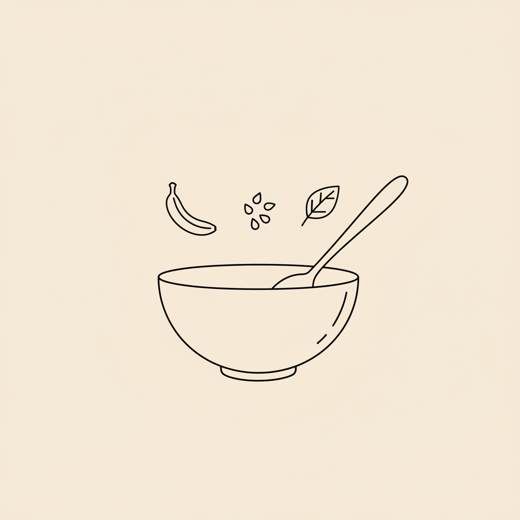Minimalist Tonum-style line illustration of a bowl, spoon, banana, cocoa nib cluster, and a leaf on beige background for tastiest meal replacement shakes.