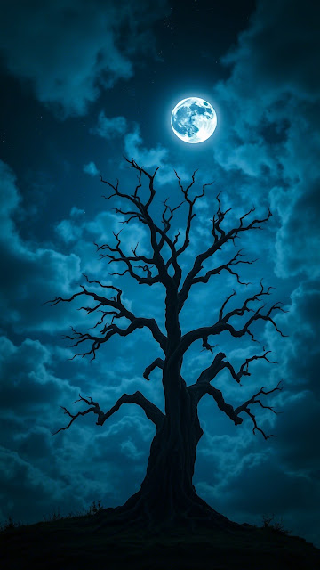 Gnarled Tree Silhouette Under Full Moon Night Sky - Free mobile Wallpaper