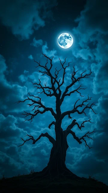 Gnarled Tree Silhouette Under Full Moon Night Sky