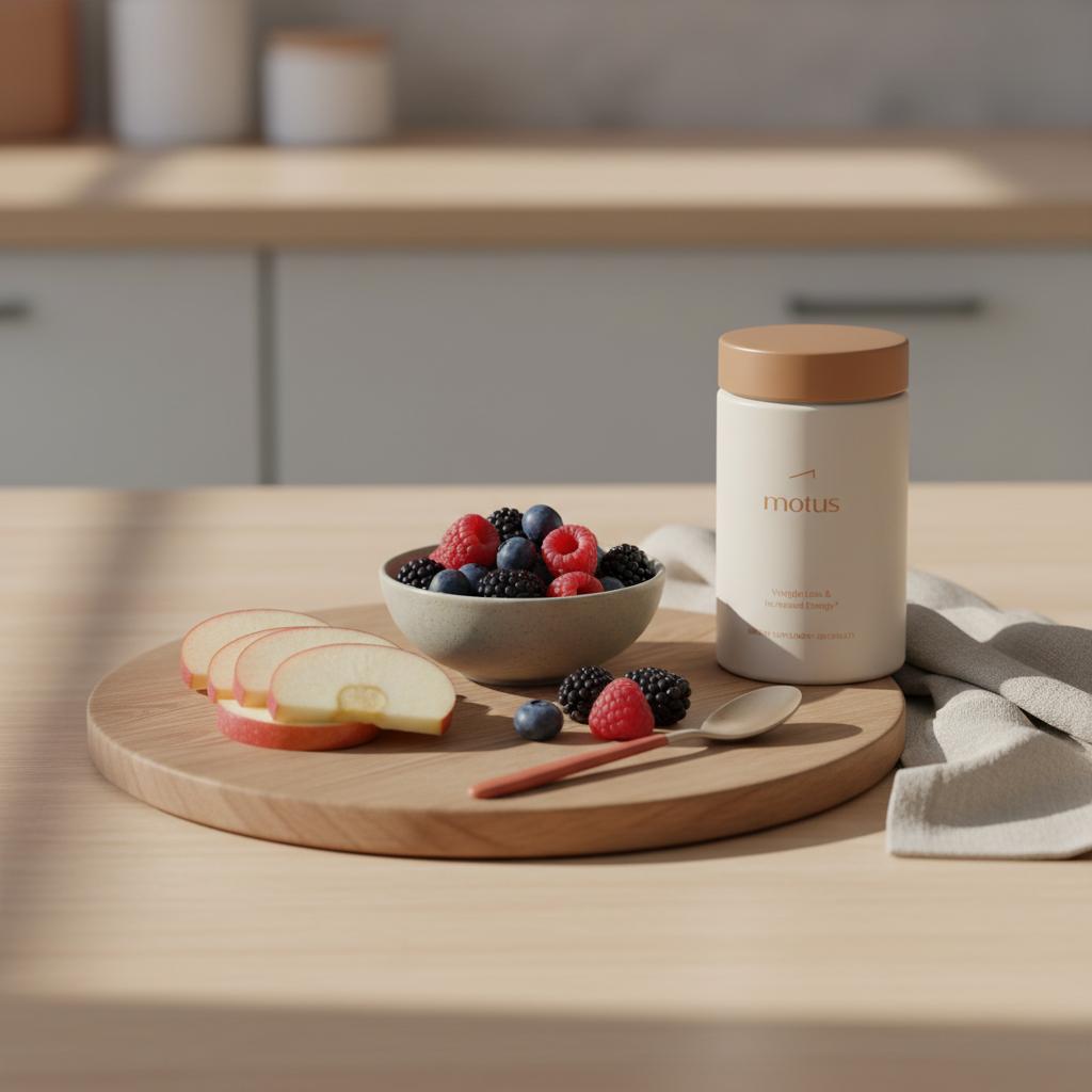 Minimal kitchen counter with mixed berries, sliced apple and Tonum Motus container on a wooden board, minimalist styling — can you eat fruit on a no sugar diet