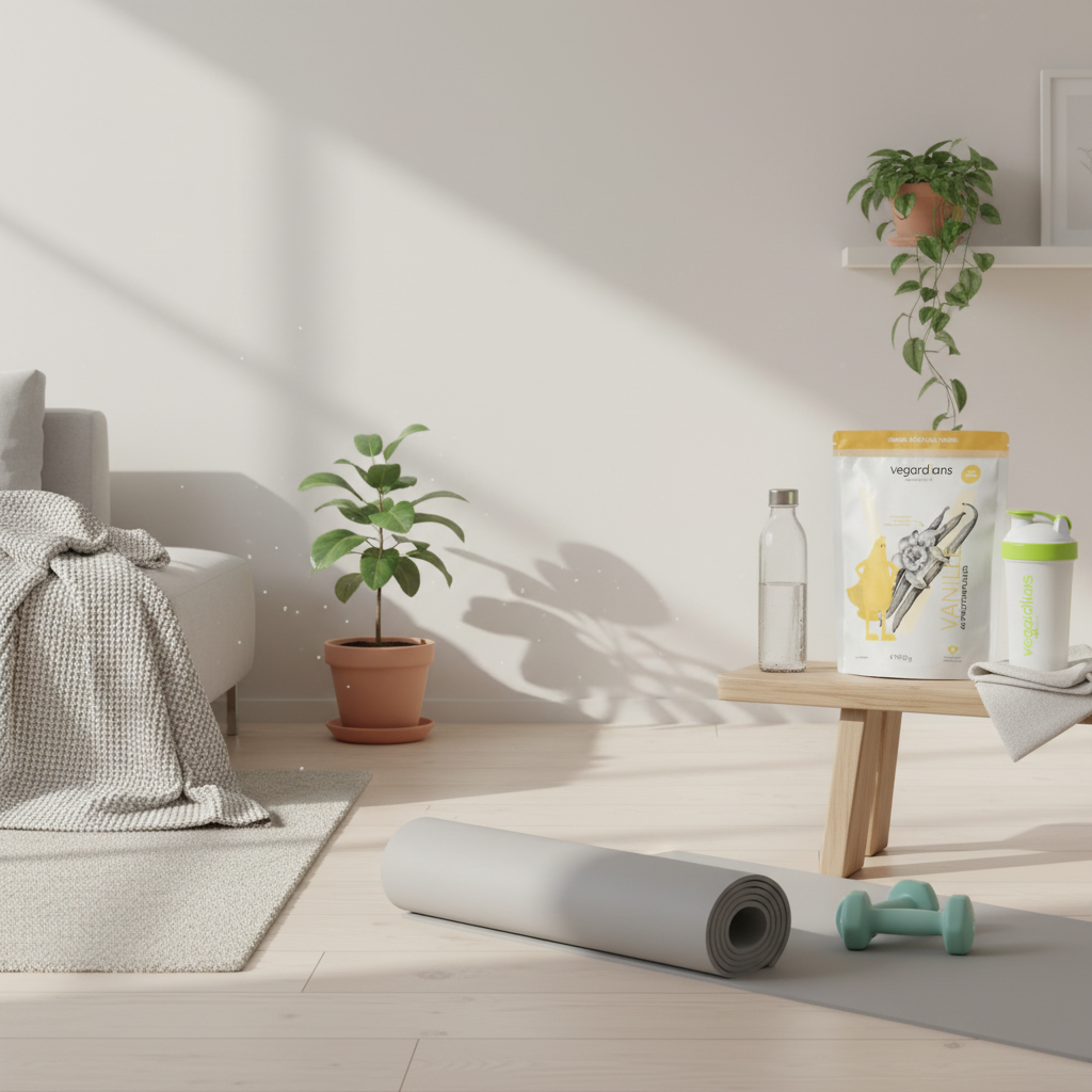 Minimalistische Heimtrainingsszene mit eingerollter Yogamatte, Kurzhanteln und Ablage mit Wasserflasche und Proteinshaker – motivierend, um Bierbauch loswerden.