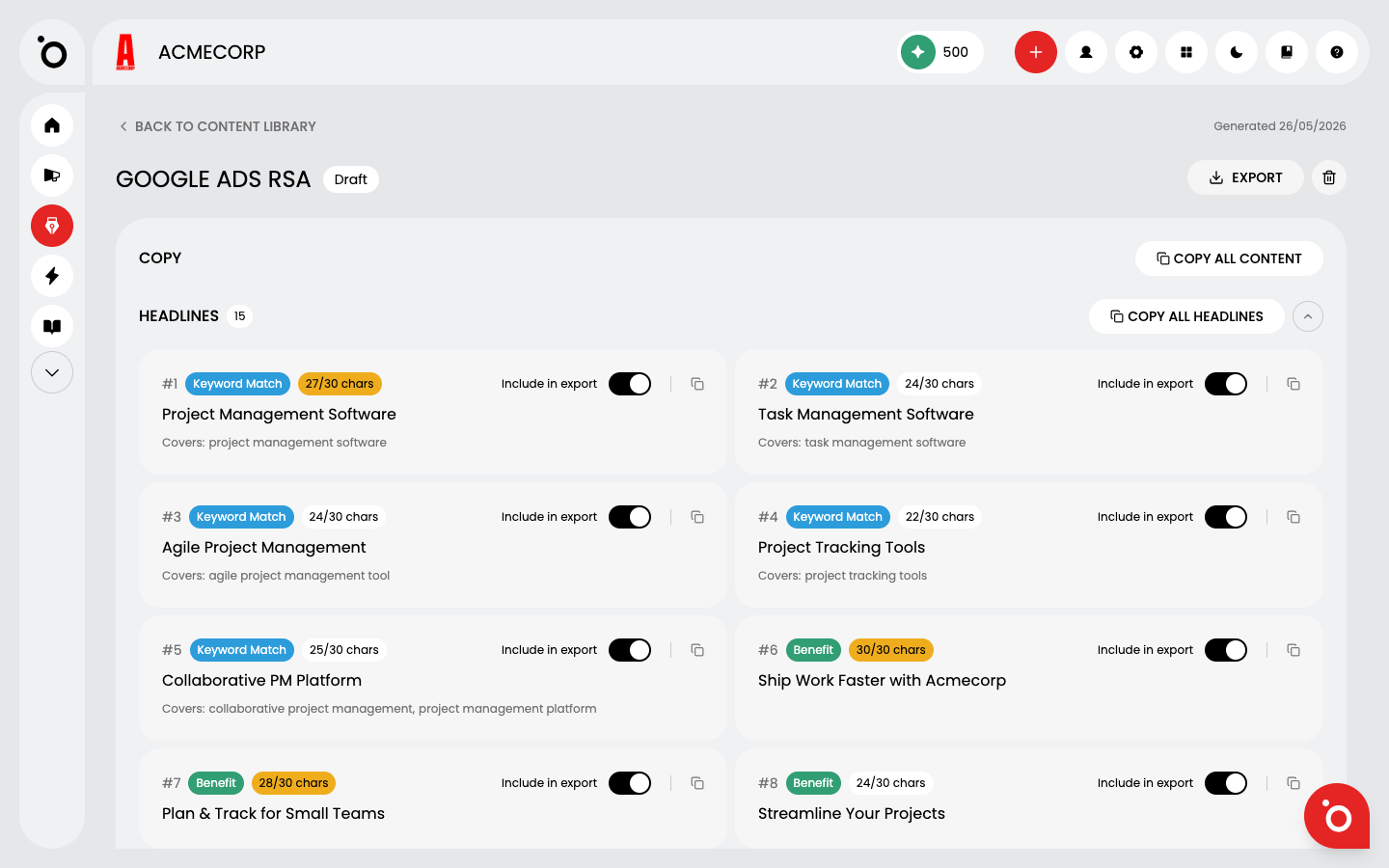 The headlines, each with a type badge, character count, Covers line and Include in export toggle