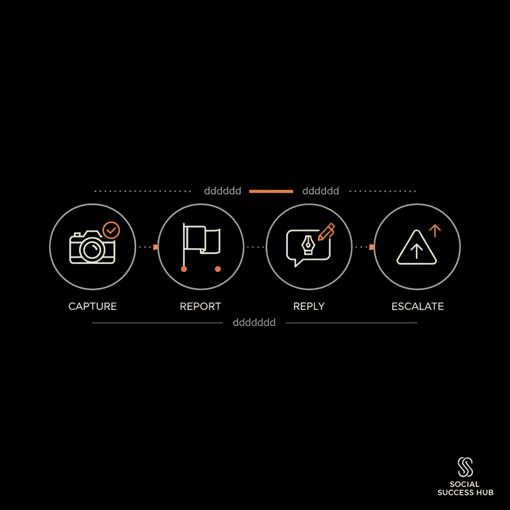 Minimal vector infographic of a four-step checklist (screenshot, flag, response, escalate) on black background using Social Success Hub palette to contest a bad Google review