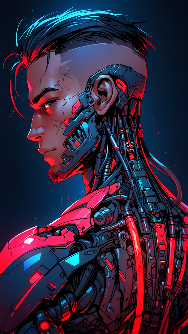 Cyborg Man with Exposed Mechanical Neck and Red Glow