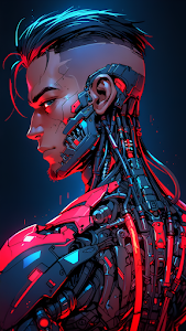 Cyborg Man with Exposed Mechanical Neck and Red Glow
