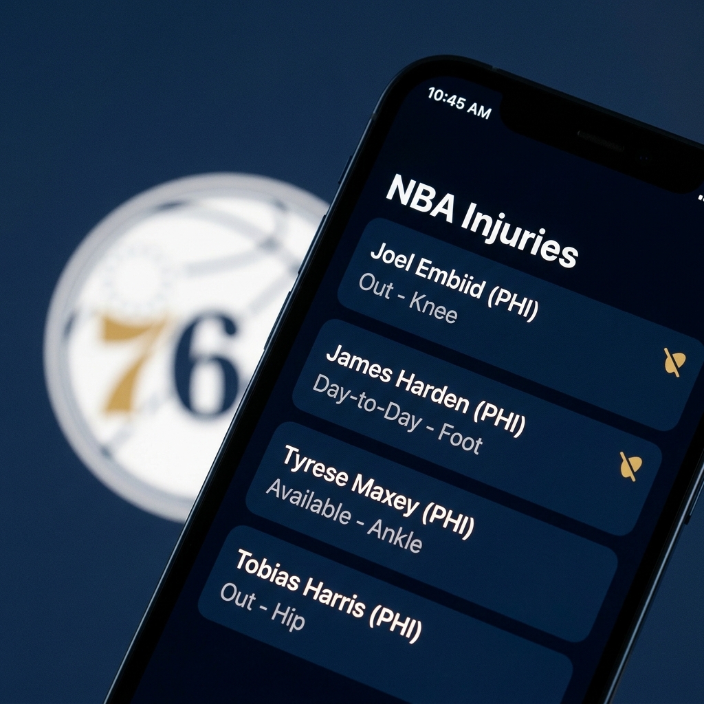 Close up smartphone showing NBA injuries page with timestamp and Philadelphia 76ers logo in background minimalist Funded Plays style 76ers prediction