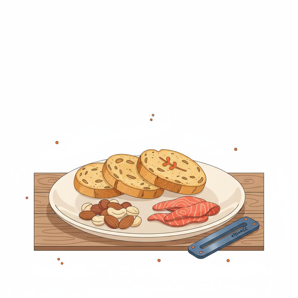 Nahaufnahme eines minimalistischen Snack-Tellers mit Crostini, Nüssen und dünn geschnittenem Lachs auf rustikalem Holz – was kann man zu wein reichen