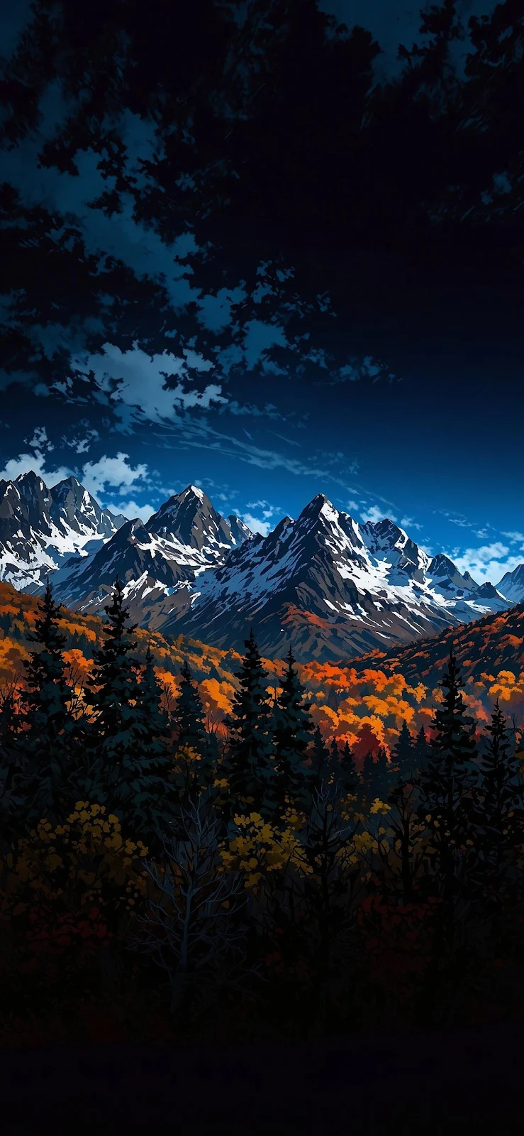Snowy Peaks Above Autumn Forest - Digital Art Illustration Full HD iPhone Wallpaper (1181x2558)
