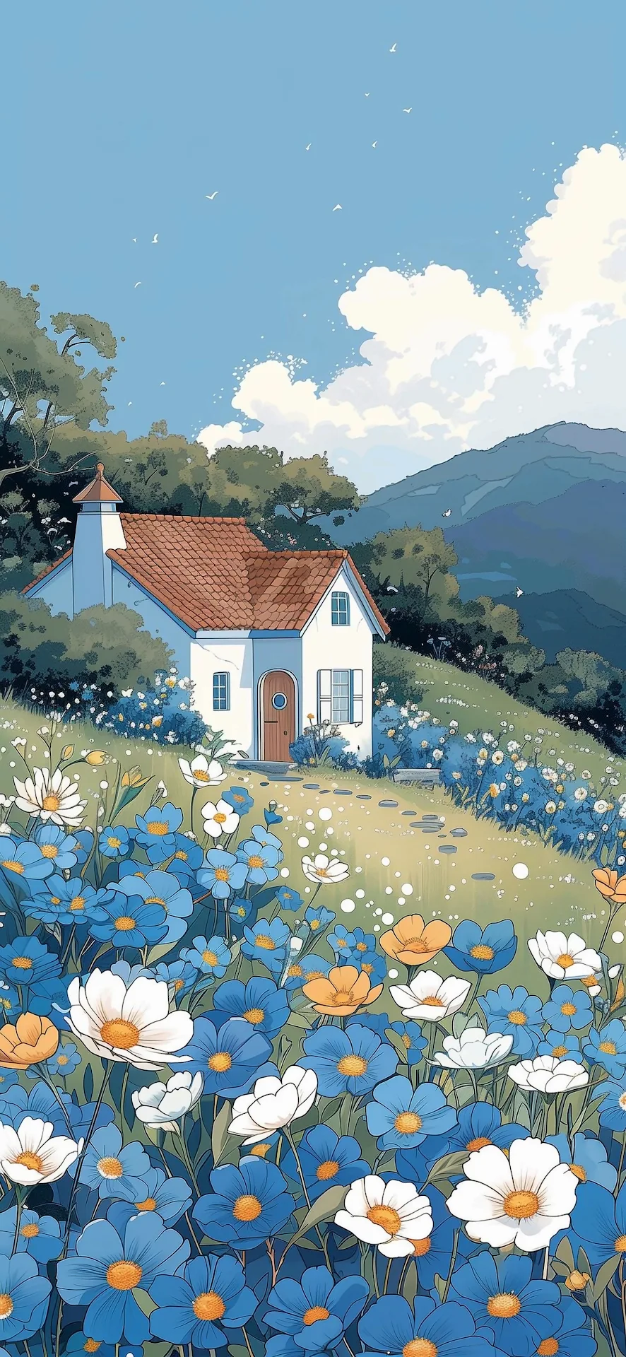 Ghibli Style Cottage Amidst Blue and White Flower Meadow - Free 4K mobile Wallpaper