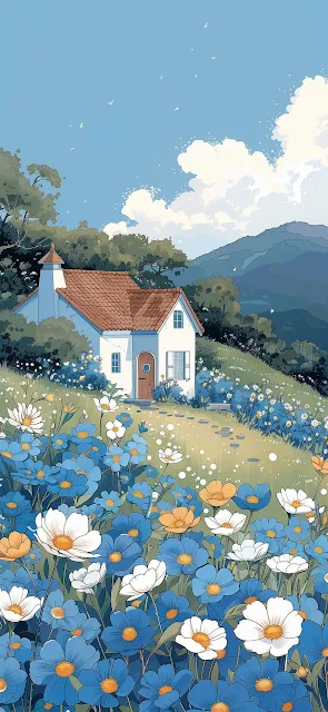 Ghibli Style Cottage Amidst Blue and White Flower Meadow