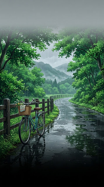 Anime Style Rainy Forest Road and Bicycle Wallpaper - Free mobile Wallpaper