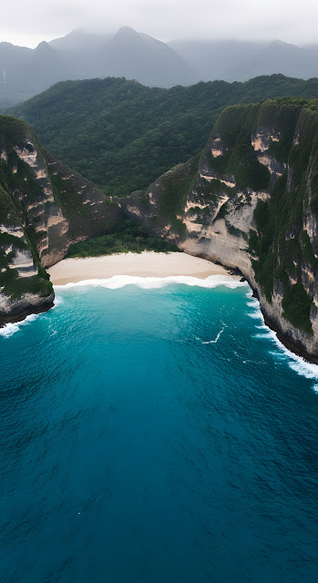 Kelingking Beach Bali Aerial View Steep Cliffs Turquoise Ocean - Free mobile Wallpaper