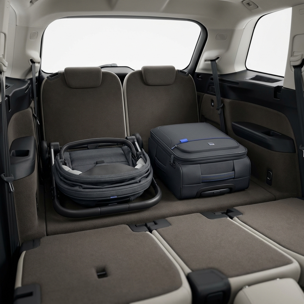 Close interior view of Volvo XC90 third row and cargo area with folded stroller and carry on suitcase ideal for volvo xc90 for sale