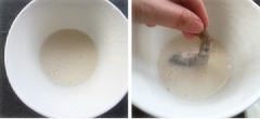 Đập trứng lấy lòng trắng đổ ra chén, thêm 2 muỗng canh bột bắp vào hòa đều thành hỗn hợp bột nhão. Nêm vào 1/2 muỗng cà phê muối. Sau đó nhúng tôm vào hỗn hợp.