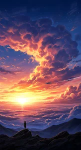 Anime Style Sunset Over Cloudscape and Mountain Peaks