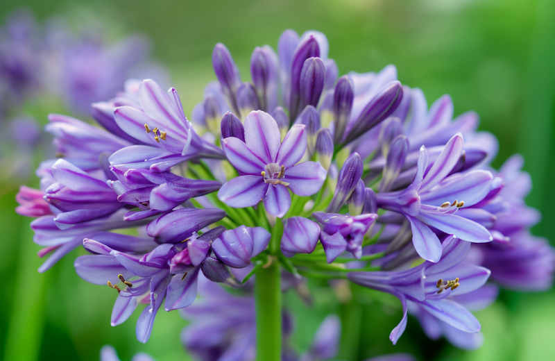 Agapanthus 'Brilliant Blue', fioritura estiva in giardino mediterraneo