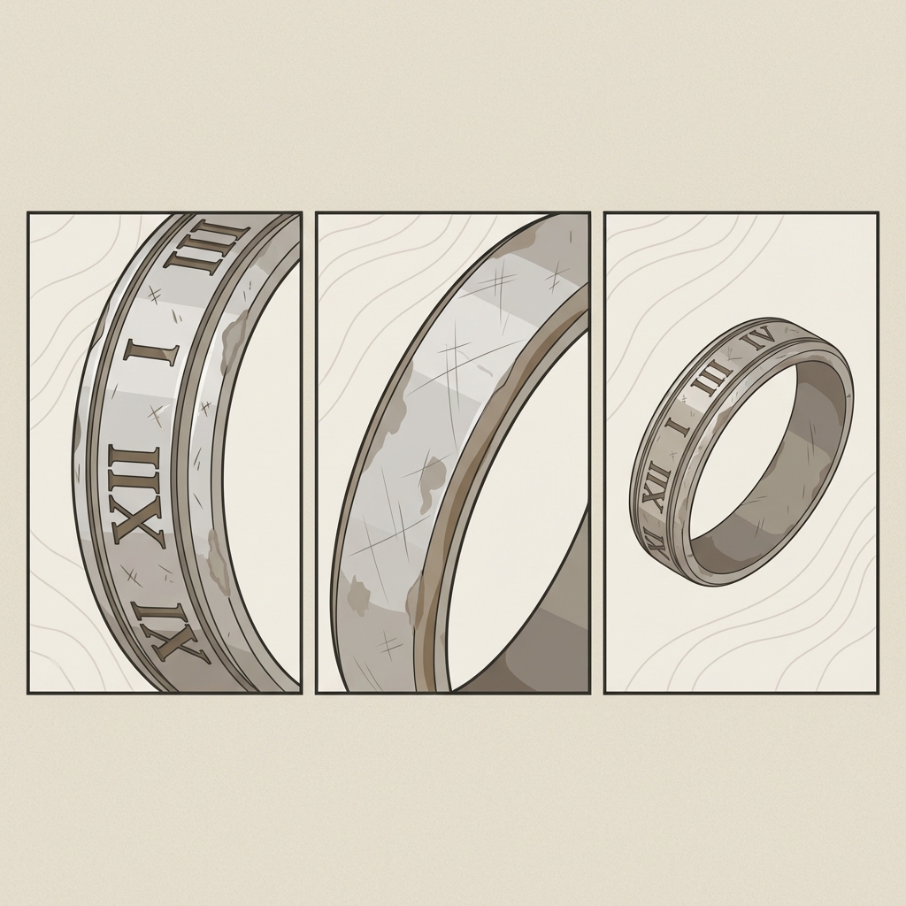2D vector triptych of a roman numeral ring silver showing bezel detail shoulder wear and oblique view on a warm beige background