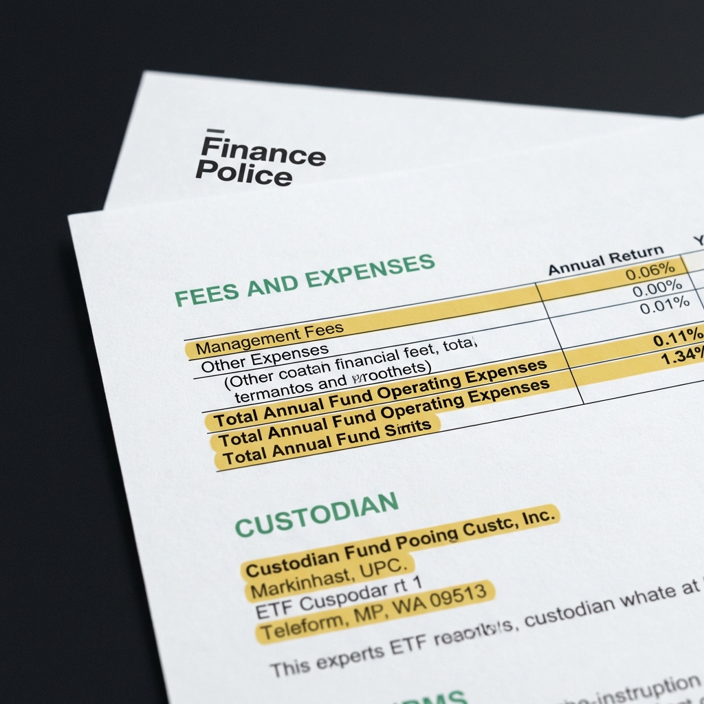 Close up printed ETF prospectus page showing highlighted fee table and custodian section for best crypto etf in a clean Finance Police minimalist layout on dark charcoal background