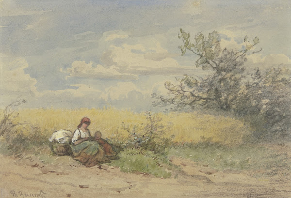 Bäuerin mit Kind vor einem reifen Kornfeld ruhend