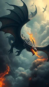 Fire breathing dragon soars through stormy sky with glowing eyes